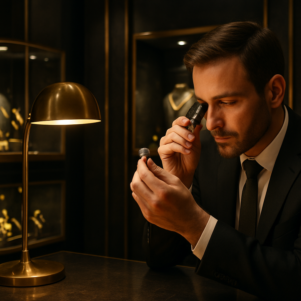 Jeweller examining a diamond ring inside the Fellas Jewellery Studio